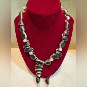 Set ECHO OF THE DREAMER Sterling silver, Onyx, Pearl Necklace & Earrings SIGNED